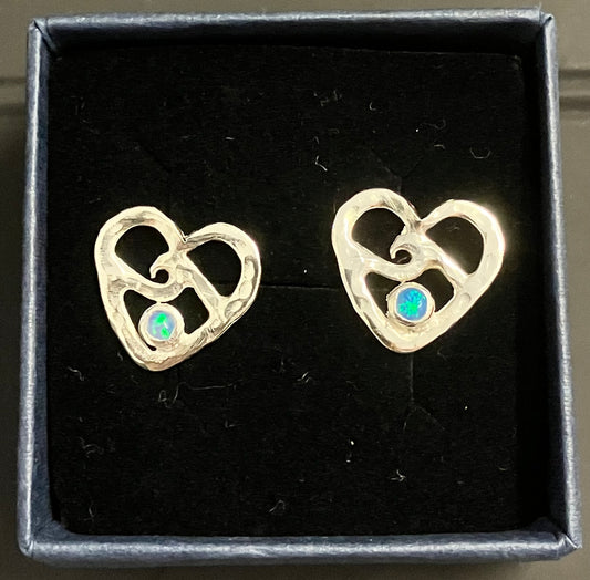 Wave and heart opal set stud earrings