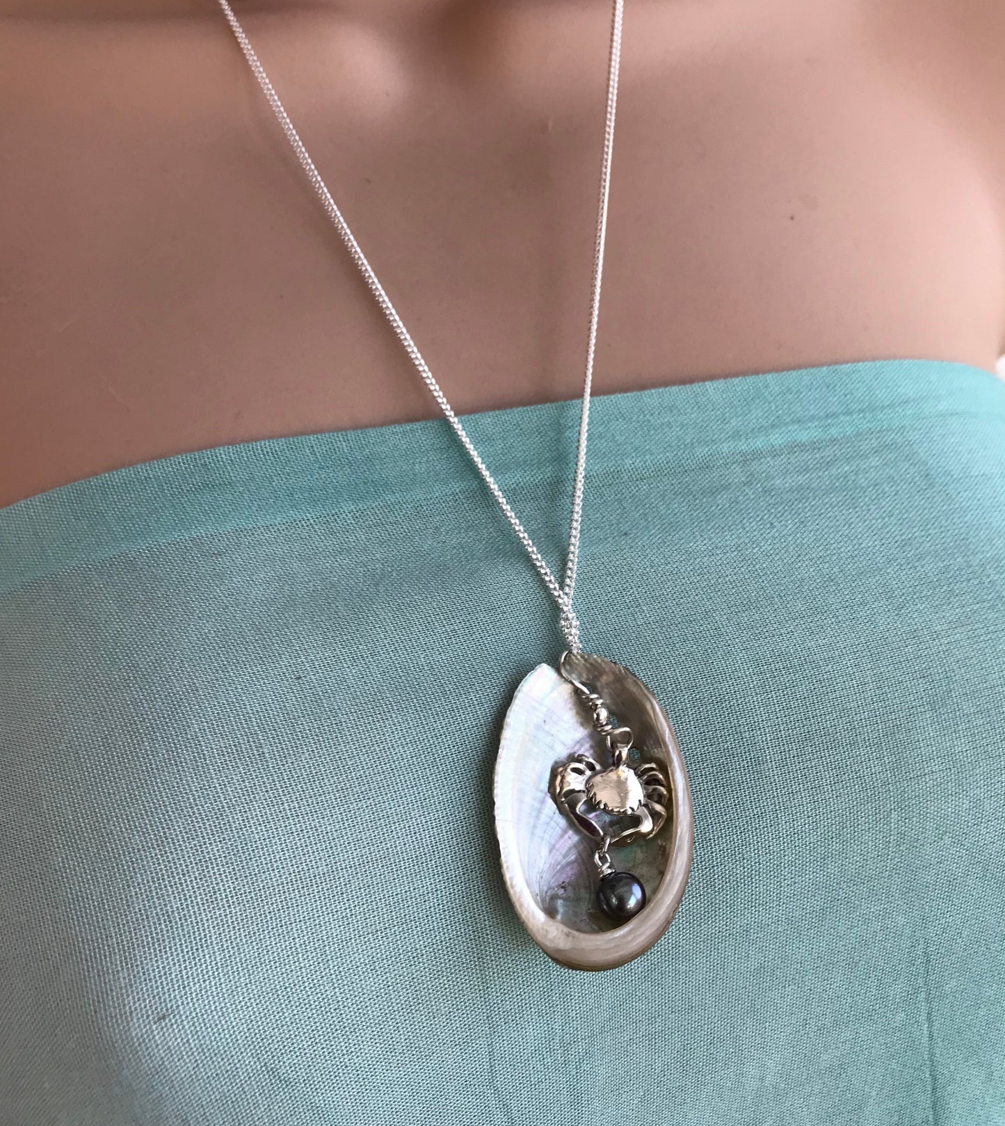 Abalone shell and baby silver shore crab necklace