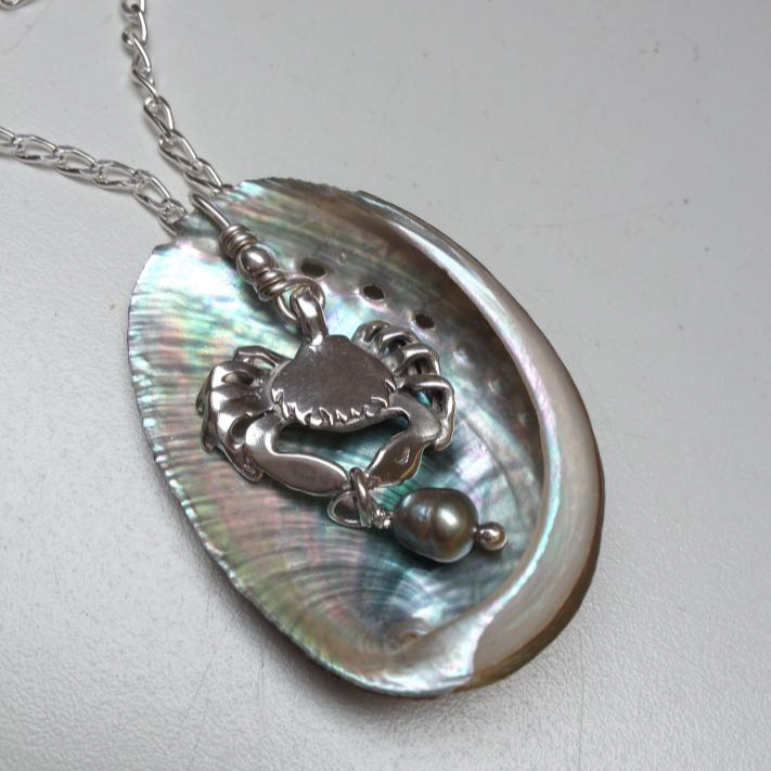 Crab and abalone shell necklace